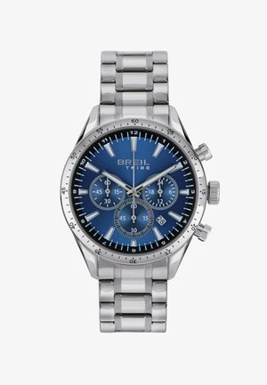 Zegarek chronograf z bransoletą ze stali nierdzewnej, niebieską tarczą w odcieniach gradientowych, srebrnymi akcentami, trzema sub-tarczami oraz wyświetlaczem daty na godzinie 6.