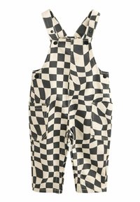 Black and white checkered overalls made of cotton, featuring adjustable straps, two front pockets, and a relaxed fit with wavy patterns.