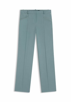 Lichtblauwe, wijde broekspijpen van een gladde stof. Voorzien van twee voorzakken met een subtiele bies en een vouw langs de pijpen.