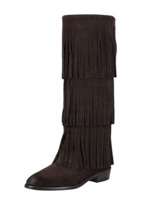 Brown suede high boots with a layered fringe design, rounded toe, and low block heel. Textured surface enhances visual interest.