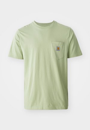 Light green short-sleeve t-shirt made of soft fabric, featuring a chest pocket with a square logo patch. Simple, unadorned design.