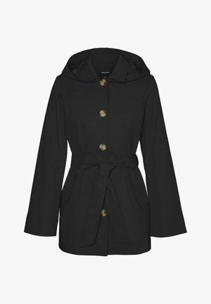 Must musta, millel on kapuuts, vööga talje, kullavärvi nupud ja kaks küljetaskut. Valmistatud siledast, ilmastikukindlast materjalist.