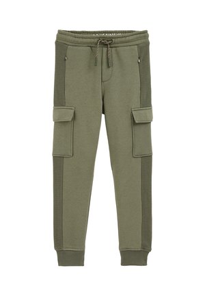 Joggingbukser i olivengrøn med snøre i taljen, sidelommer med lynlås, cargolommer på lårene, teksturerede sidelommer og ribbet kant.