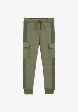 Joggingbukser i olivengrøn med snøre i taljen, sidelommer med lynlås, cargolommer på lårene, teksturerede sidelommer og ribbet kant.