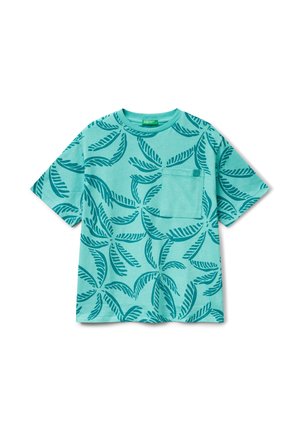 Türkises T-Shirt mit kurzen Ärmeln und einem Blättermuster, ausgestattet mit einer Brusttasche. Hergestellt aus weichem Stoff und mit einem klassischen Rundhalsausschnitt.