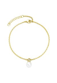Goldkette-Armband mit einem Perlenanhänger. Verfügt über einen kleinen, verstellbaren Verschluss und eine glatte, runde Perle als Akzent in der Mitte.