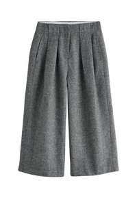Graue Fischgrat-Hosen mit weitem Bein, gefalteter Vorderseite und glattem Bund. Hergestellt aus strukturiertem Stoff, mit seitlichen Taschen.