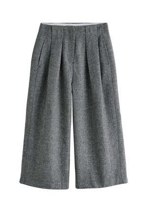 Graue Fischgrat-Hosen mit weitem Bein, gefalteter Vorderseite und glattem Bund. Hergestellt aus strukturiertem Stoff, mit seitlichen Taschen.