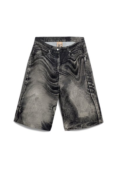 Black and gray denim shorts with a textured look, five-pocket design, metal hardware, and a relaxed fit.