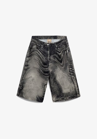 Black and gray denim shorts with a textured look, five-pocket design, metal hardware, and a relaxed fit.