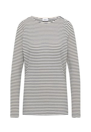 Camiseta de manga larga en tejido acanalado con un patrón de rayas horizontales en azul marino y blanco. Presenta un cuello redondo y un corte relajado.