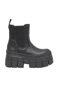 Μαύρο chunky ankle boot με πλατφόρμα, ελαστικές πλευρικές επιφάνειες και έντονη υφή στη σόλα, με το εμπορικό σήμα "Buffalo" γύρω από την άκρη της ενδιάμεσης σόλας.