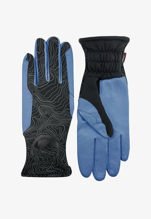 Blaue und schwarze Handschuhe mit topografischen Linienmustern auf der Rückseite und solidem blauen Leder an der Handfläche und den Fingern.