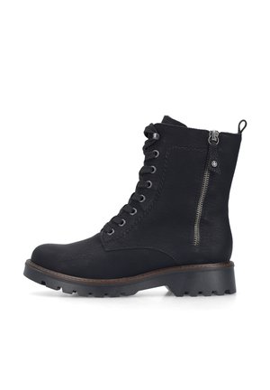Schwarzer Leder-Schnürstiefel mit seitlichem Reißverschluss, dicker profilierter Sohle und Zuglasche hinten.