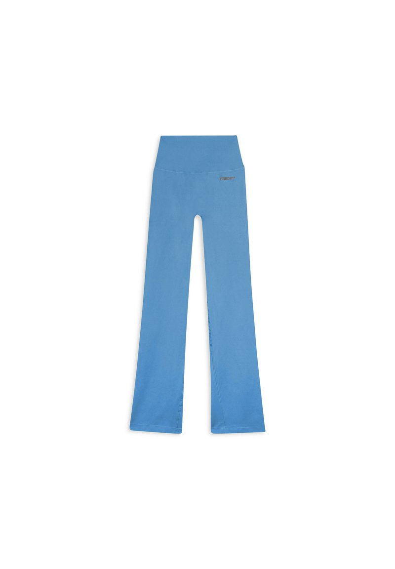 Pantaloni blu a vita alta, larghi, con una trama liscia e un piccolo logo "FREDDY" sul lato sinistro della vita.