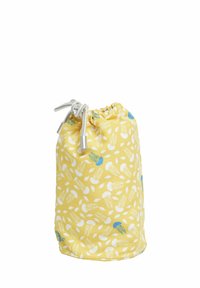 Sacca gialla con cordino realizzata in tessuto, caratterizzata da un motivo ripetitivo di meduse e foglie in bianco e blu. Finiture in argento nella parte superiore.