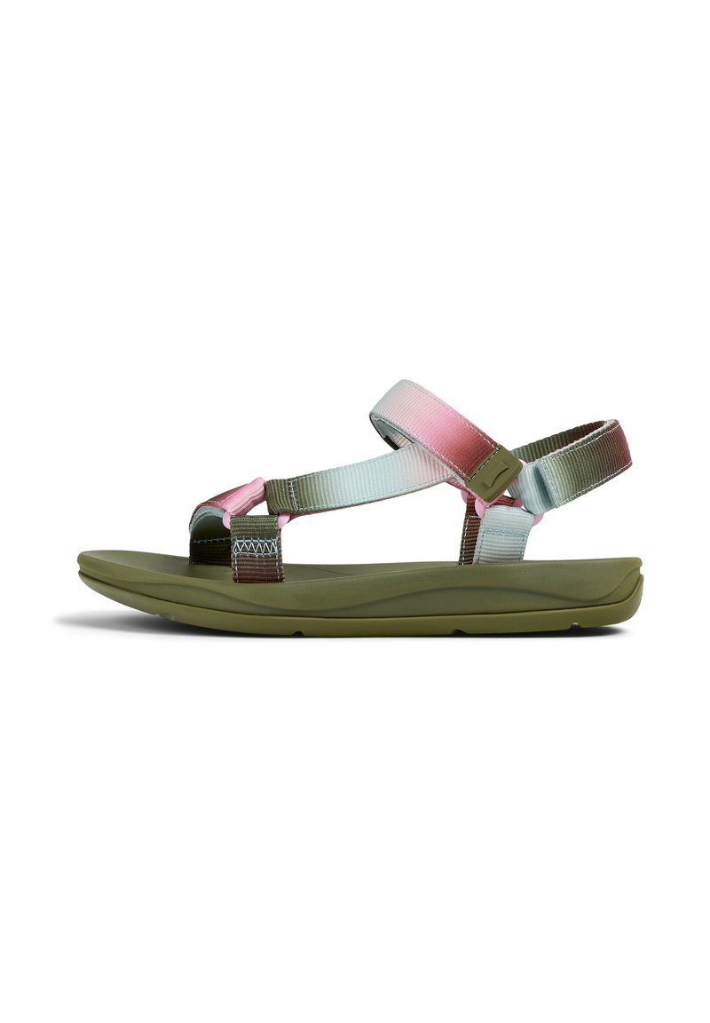 Green sandals with multi-colored straps featuring pink, mint, and brown. The sole is curved for comfort, with textured footbed detailing.