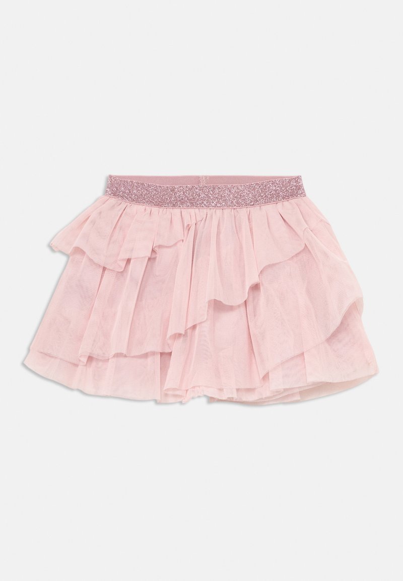 Jupe en tulle rose avec de multiples volants superposés et une taille élastique scintillante. Texture douce, finition transparente et design délicat.