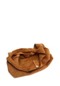 Suede handbag in a rich brown color, featuring soft texture, a slouchy shape, and a button closure, with a minimalist design.