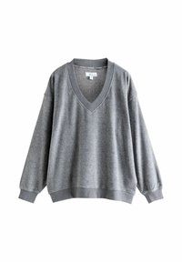 Pelēks v-veida krekls ar brīvu piegriezumu, garām piedurknēm un ribotām akcentiem ap kaklu un apakšmalu. Mīksta tekstūra ar minimāliem apdariem.