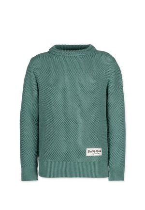 Grøn tekstureret strikket sweater med lange ærmer, rund hals, ribstrikkede manchetter og kant samt et lille rektangulært mærke nær den nederste kant.