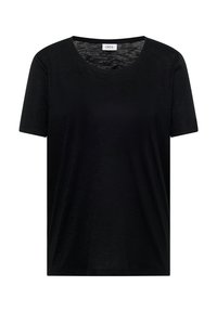 T-shirt noir à manches courtes avec col rond, en tissu léger, avec une étiquette de marque "CECIL" visible à l'intérieur de l'encolure.