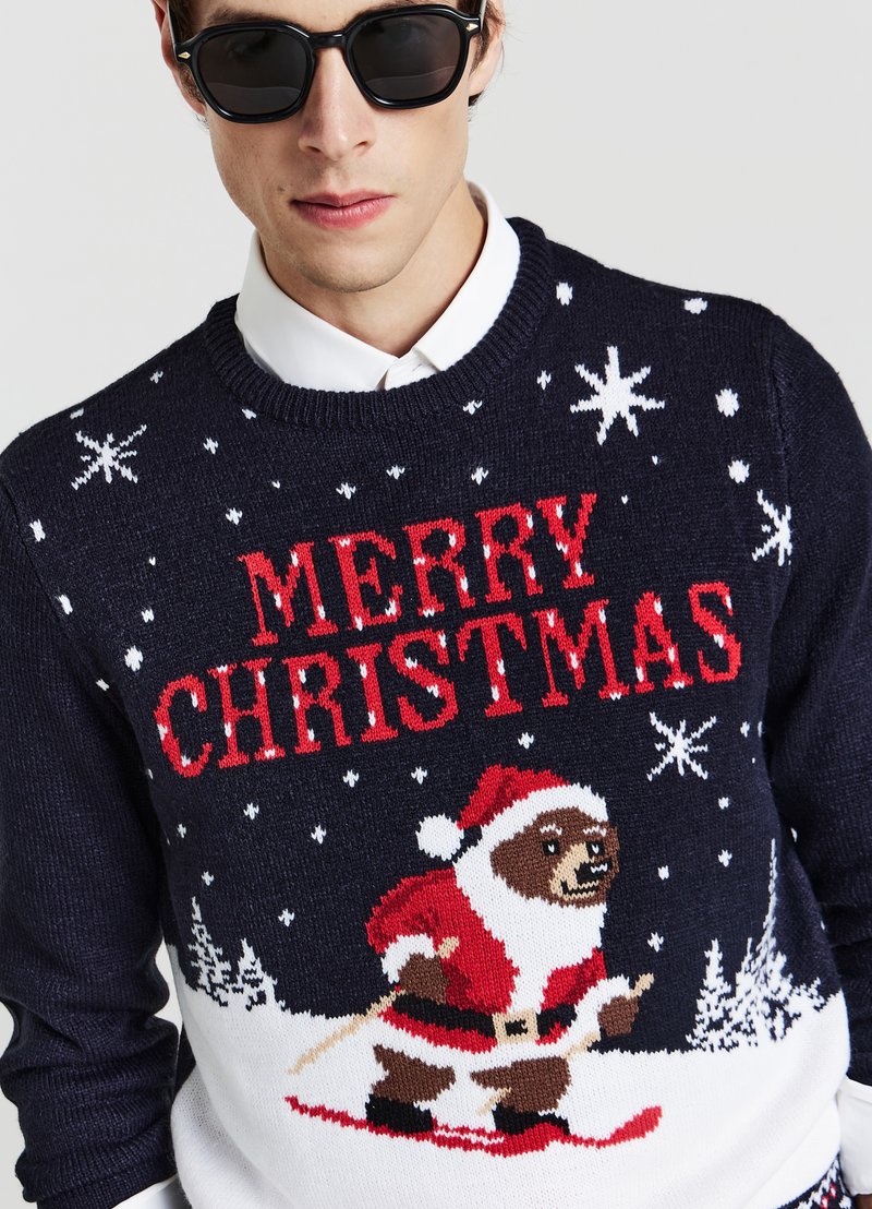 Maglione natalizio da donna, con scritta Merry Christmas, con stampa natalizia, a maniche lunghe, Celeste., L