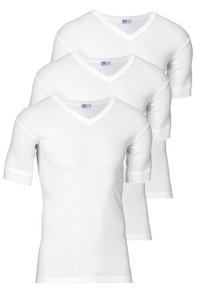 Tre hvide bomulds V-hals T-shirts vist i en stak. Hver skjorte har korte ærmer med en ribbet kant ved ærmerne.