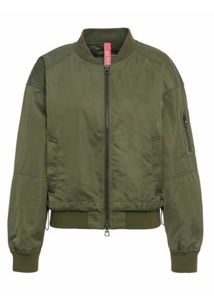Olivengroene bomberjack met geribde kraag, manchetten, zoom, ritssluiting aan de voorkant, twee zijzakken en een met rits afsluitbare zak op de linker mouw.