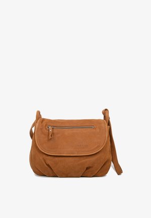 Brown suede crossbody bag with a flap closure, zippered front pocket, and gathered textured design. Adjustable strap included.