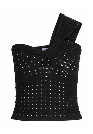 Top negru tricotat cu un singur bretele, având o suprafață texturată, modele deschise și un accent plisat la umăr.