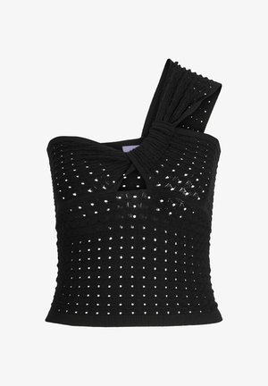 Schwarzes gestricktes Top mit einem Träger, das eine strukturierte Oberfläche, offene Muster und eine geraffte Schulterakzentuierung aufweist.