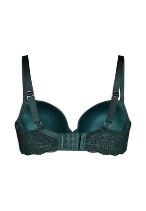 Dark green bra with a smooth satin finish, lace detailing along the band, adjustable straps, and a hook closure at the back.