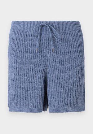 Blaue strukturierte Strickshorts mit elastischem Bund und Kordelzug, mit Waffelmuster und zwei Seitentaschen.