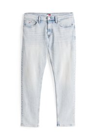 Jeans din denim albastru deschis, cu un design drept, cinci buzunare și închidere cu buton. Textura uzată accentuează aspectul casual.