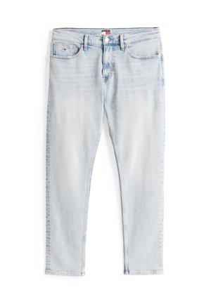 Jeans din denim albastru deschis, cu un design drept, cinci buzunare și închidere cu buton. Textura uzată accentuează aspectul casual.
