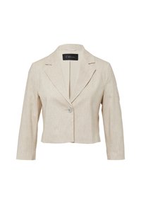 Blazer beige cropped avec un col cranté, fermeture à un bouton, tissu texturé et manches longues. Étiquette indiquant "S. Oliver."