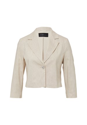 Beige cropped blazer met een geknipt revers, één knoopsluiting, textuurstof en lange mouwen. Het label zegt "S. Oliver."