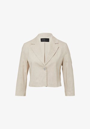Beige cropped blazer met een geknipt revers, één knoopsluiting, textuurstof en lange mouwen. Het label zegt "S. Oliver."