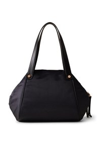 Borsa tote nera con texture, con doppi manici in pelle e dettagli con bottoni color oro, dotata di chiusura con cerniera e ciondolo a nappina.