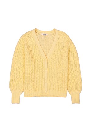 Yellow knitted cardigan with long sleeves, button-down front, and ribbed cuffs and hem, laid flat on a white background.