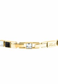 Bracciale in tono oro con pietre quadrate nere e trasparenti alternate, dotato di maglie sottili e un accento distintivo su un link.