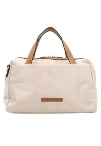 Lichtroze stoffen tas met bruine synthetische leren handvatten en afwerking. Beschikt over een ritsluiting en een klein decoratief label aan de voorkant.