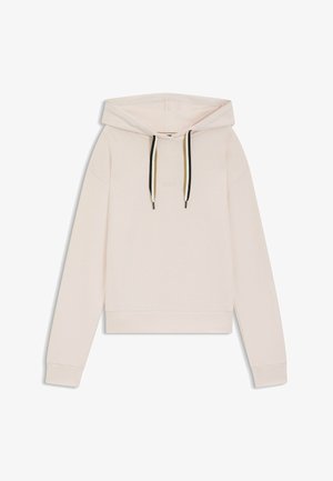 Jasnobeżowa bluza z kapturem z długimi rękawami, kapturem ze ściągaczem z czarno-beżowymi pasiastymi sznurkami oraz logo "BOSS" na piersi.