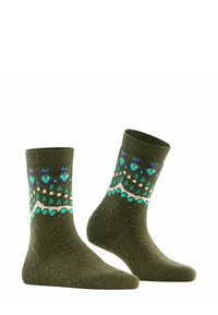 Calze verdi lavorate a maglia con un motivo decorativo in blu, bianco e turchese. Lunghezza a metà polpaccio, texture morbida e polsino a coste.