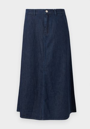Sötétkék farmer midi szoknya, egyenes szabással, elülső gombos záródással és finom varrási részletekkel a varratok mentén.