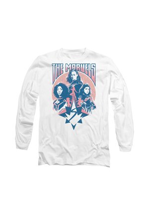 White long-sleeve shirt featuring three female superheroes, a star emblem, and "The Marvels" text in bold blue and pink colors.