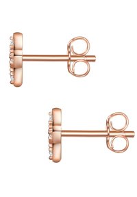 Rozā zelta auskari ir ar teksturētu dizainu un mazu, dzidru dārgakmeņu rindu. Auskara kātiem ir apaļas cilpas drošai fiksācijai.