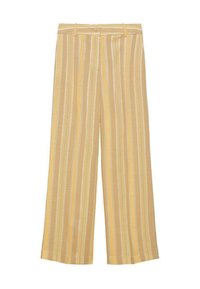 Geel gestreepte wijde broek met een gestructureerde stof, gekenmerkt door verticale strepen in verschillende breedtes en een knoopsluiting bij de taille.