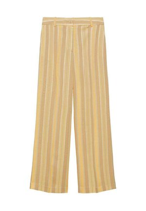 Pantalons larges à rayures jaunes avec un tissu texturé, présentant des rayures verticales de différentes largeurs et une fermeture à bouton à la taille.